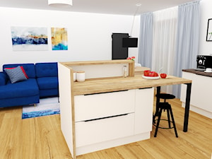 mieszkanie 17 - Mała otwarta z salonem biała niebieska z zabudowaną lodówką z lodówką wolnostojącą kuchnia w kształcie litery l z wyspą lub półwyspem z oknem, styl nowoczesny - zdjęcie od projekt ka