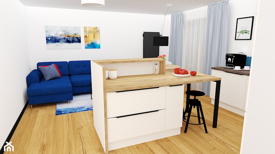 mieszkanie 17 - Mała otwarta z salonem biała niebieska z zabudowaną lodówką z lodówką wolnostojącą kuchnia w kształcie litery l z wyspą lub półwyspem z oknem, styl nowoczesny - zdjęcie od projekt ka