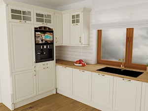 kuchnia 35 - Średnia zamknięta biała z zabudowaną lodówką z nablatowym zlewozmywakiem kuchnia w kształcie litery l z oknem, styl prowansalski - zdjęcie od projekt ka