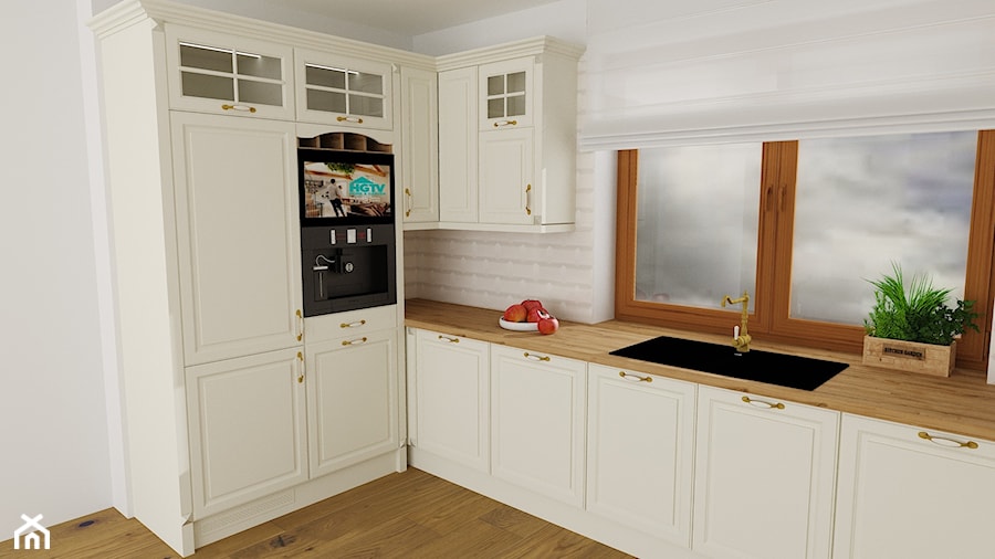 kuchnia 35 - Średnia zamknięta biała z zabudowaną lodówką z nablatowym zlewozmywakiem kuchnia w kształcie litery l z oknem, styl prowansalski - zdjęcie od projekt ka