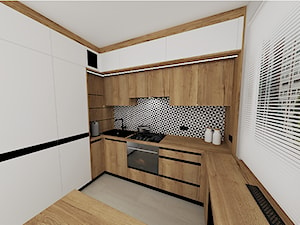 kuchnia 50 - Średnia zamknięta biała czarna z zabudowaną lodówką z nablatowym zlewozmywakiem kuchnia w kształcie litery u z oknem, styl nowoczesny - zdjęcie od projekt ka