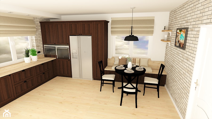 kuchnia 10 - Średnia zamknięta z salonem biała szara z zabudowaną lodówką kuchnia w kształcie litery l z oknem, styl rustykalny - zdjęcie od projekt ka