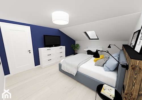 mieszkanie 15 - Średnia biała niebieska sypialnia na poddaszu, styl nowoczesny - zdjęcie od projekt ka