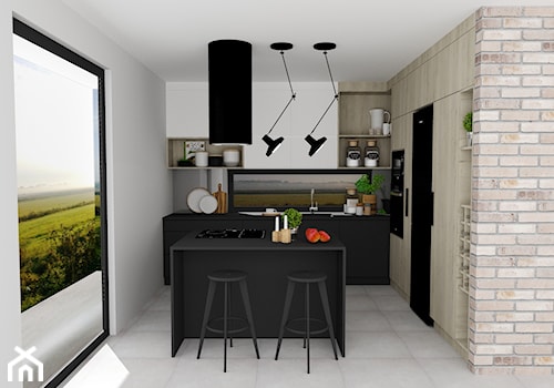kuchnia 22 - Średnia otwarta z salonem biała z zabudowaną lodówką z podblatowym zlewozmywakiem kuchnia w kształcie litery l z wyspą lub półwyspem z oknem, styl nowoczesny - zdjęcie od projekt ka
