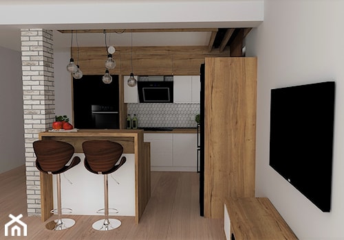 kuchnia 21 - Średnia otwarta z salonem biała z zabudowaną lodówką kuchnia w kształcie litery l z wyspą lub półwyspem, styl nowoczesny - zdjęcie od projekt ka