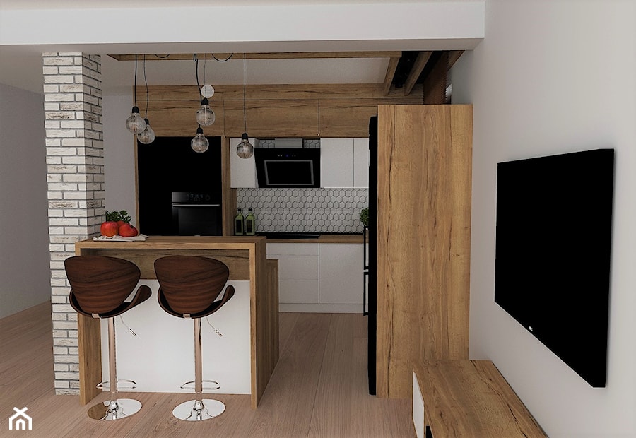 kuchnia 21 - Średnia otwarta z salonem biała z zabudowaną lodówką kuchnia w kształcie litery l z wyspą lub półwyspem, styl nowoczesny - zdjęcie od projekt ka