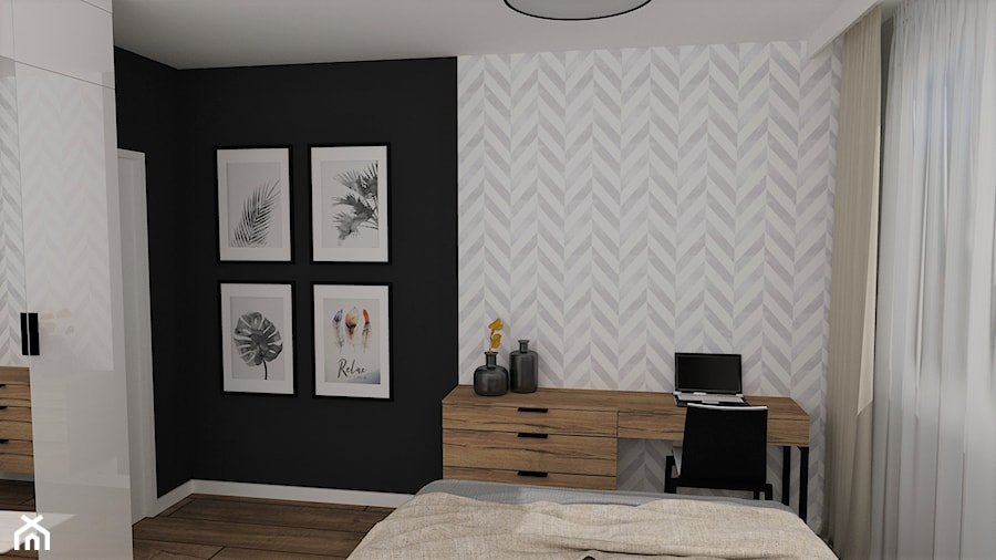 mieszkanie 11 - Mała biała czarna szara z biurkiem sypialnia, styl nowoczesny - zdjęcie od projekt ka