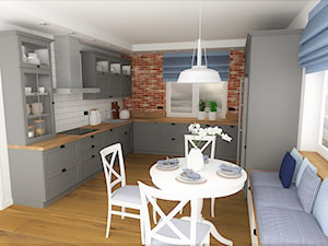 kuchnia 10 - Średnia otwarta z salonem biała z zabudowaną lodówką z nablatowym zlewozmywakiem kuchnia w kształcie litery u z oknem, styl rustykalny - zdjęcie od projekt ka