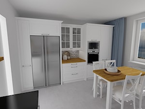 kuchnia 42 - Średnia zamknięta biała szara z zabudowaną lodówką kuchnia jednorzędowa z oknem, styl prowansalski - zdjęcie od projekt ka