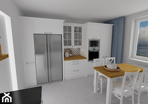 kuchnia 42 - Średnia zamknięta biała szara z zabudowaną lodówką kuchnia jednorzędowa z oknem, styl prowansalski - zdjęcie od projekt ka