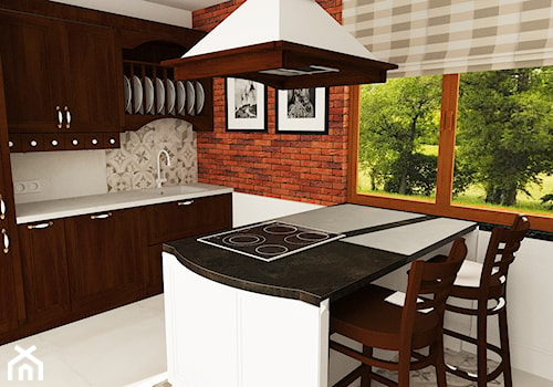 kuchnia 11 - Średnia z salonem beżowa biała z zabudowaną lodówką z podblatowym zlewozmywakiem kuchnia jednorzędowa z oknem, styl tradycyjny - zdjęcie od projekt ka