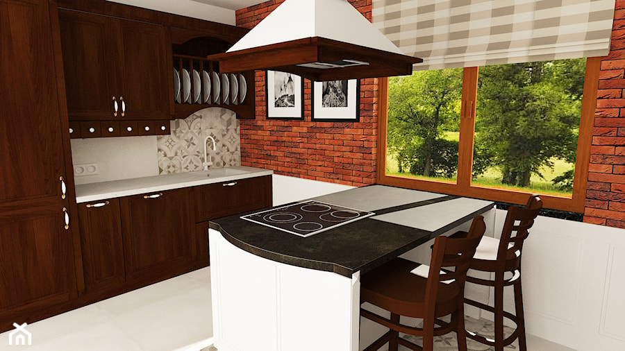 kuchnia 11 - Średnia z salonem beżowa biała z zabudowaną lodówką z podblatowym zlewozmywakiem kuchnia jednorzędowa z oknem, styl tradycyjny - zdjęcie od projekt ka