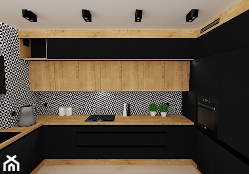 kuchnia 48 - Średnia zamknięta czarna z zabudowaną lodówką z nablatowym zlewozmywakiem kuchnia w kształcie litery u z marmurową podłogą, styl nowoczesny - zdjęcie od projekt ka