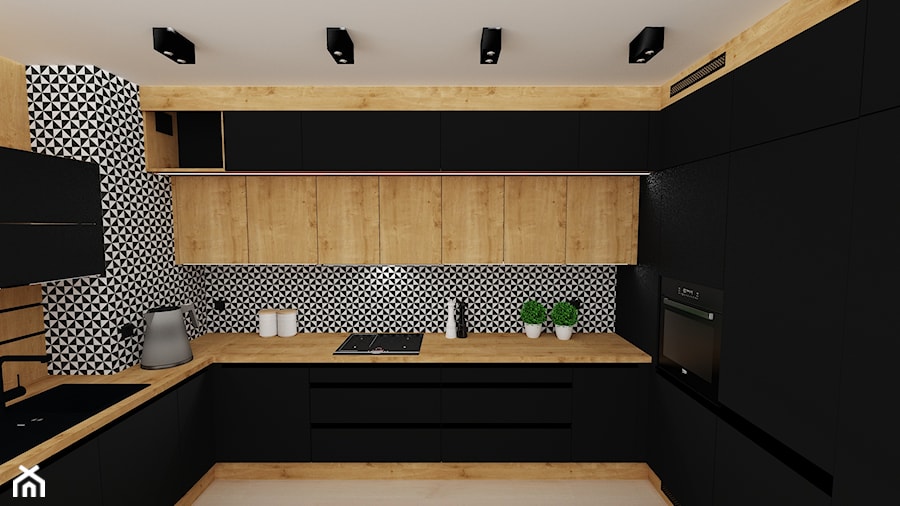 kuchnia 48 - Średnia zamknięta czarna z zabudowaną lodówką z nablatowym zlewozmywakiem kuchnia w kształcie litery u z marmurową podłogą, styl nowoczesny - zdjęcie od projekt ka