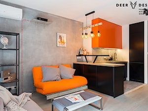 Industrialne wnętrze mieszkania dwupoziomowego - Mały szary salon z kuchnią, styl industrialny - zdjęcie od Deer Design