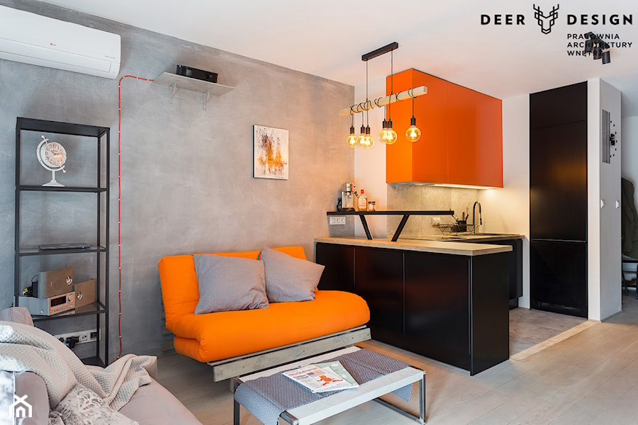 Industrialne wnętrze mieszkania dwupoziomowego - Mały szary salon z kuchnią, styl industrialny - zdjęcie od Deer Design