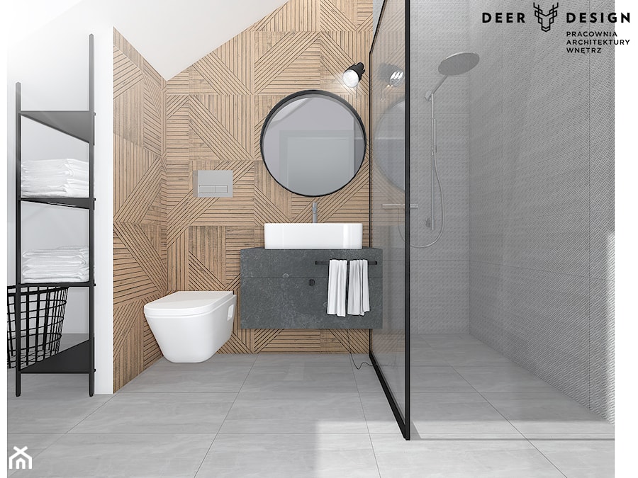 Łazienka na poddaszu - Średnia na poddaszu bez okna z lustrem łazienka, styl industrialny - zdjęcie od Deer Design