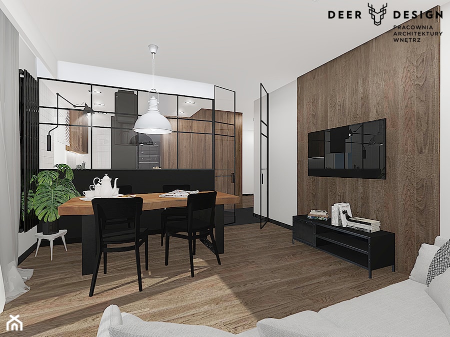Szarość, drewno, biel i czerń - połączenie idealne - Mały szary salon z jadalnią, styl industrialny - zdjęcie od Deer Design