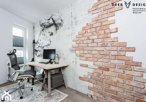 Industrialne wnętrze mieszkania dwupoziomowego - Biała z biurkiem sypialnia, styl industrialny - zdjęcie od Deer Design