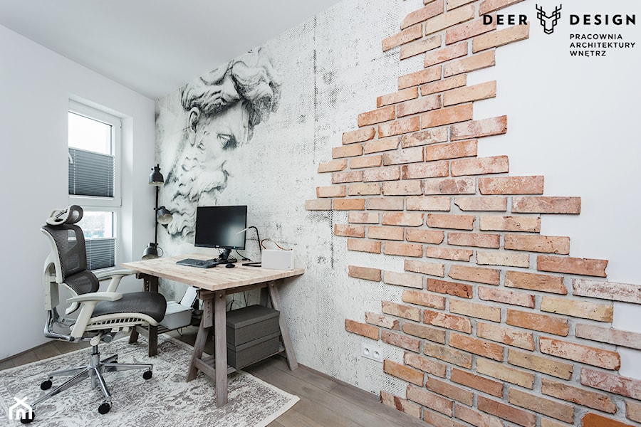 Industrialne wnętrze mieszkania dwupoziomowego - Biała z biurkiem sypialnia, styl industrialny - zdjęcie od Deer Design