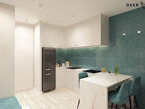 Piękny i bezpieczny azyl - Mała z salonem biała zielona z zabudowaną lodówką z podblatowym zlewozmywakiem kuchnia w kształcie litery l, styl nowoczesny - zdjęcie od Deer Design