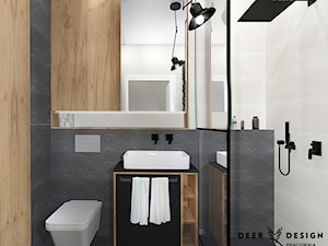 Szarość, drewno, biel i czerń - połączenie idealne - Mała bez okna z lustrem łazienka, styl industrialny - zdjęcie od Deer Design