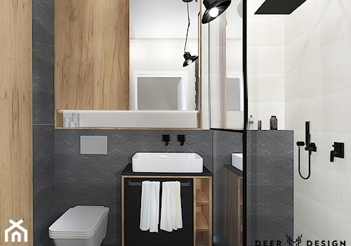 Szarość, drewno, biel i czerń - połączenie idealne - Mała bez okna z lustrem łazienka, styl industrialny - zdjęcie od Deer Design