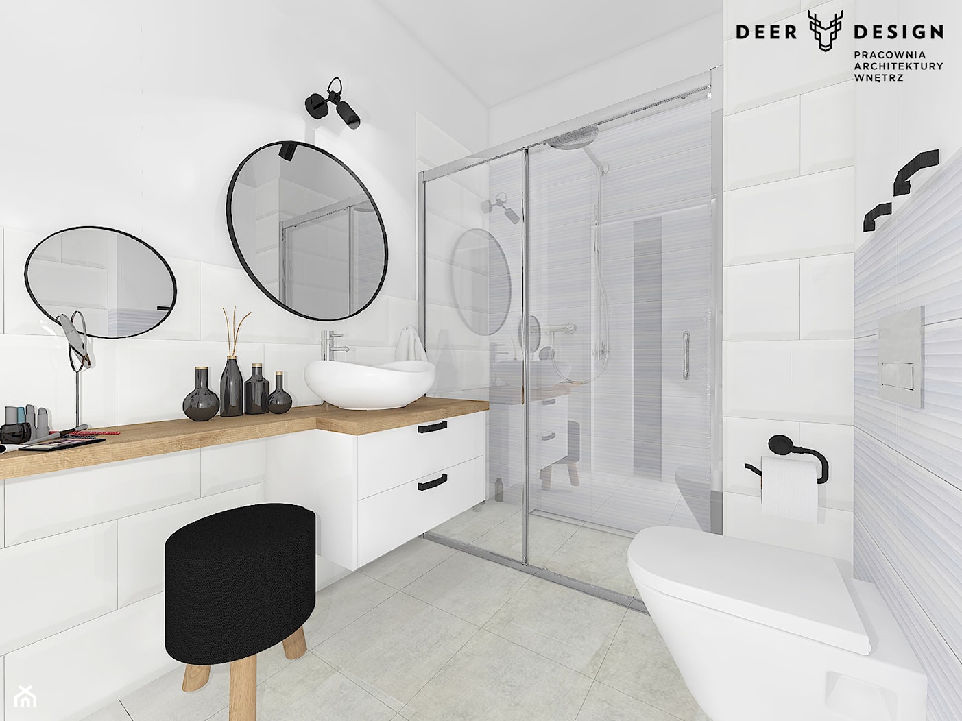 Biała łazienka z czarnymi dodatkami - Średnia bez okna łazienka, styl skandynawski - zdjęcie od Deer Design - Homebook