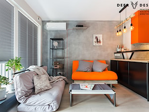 Industrialne wnętrze mieszkania dwupoziomowego - Mały biały szary salon z kuchnią, styl industrialny - zdjęcie od Deer Design