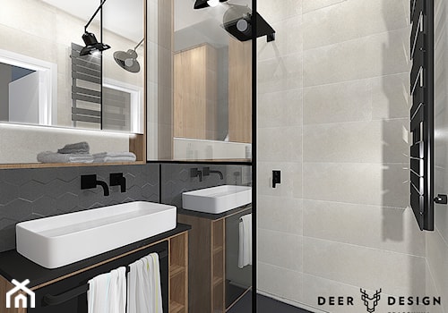 Szarość, drewno, biel i czerń - połączenie idealne - Mała bez okna łazienka, styl industrialny - zdjęcie od Deer Design