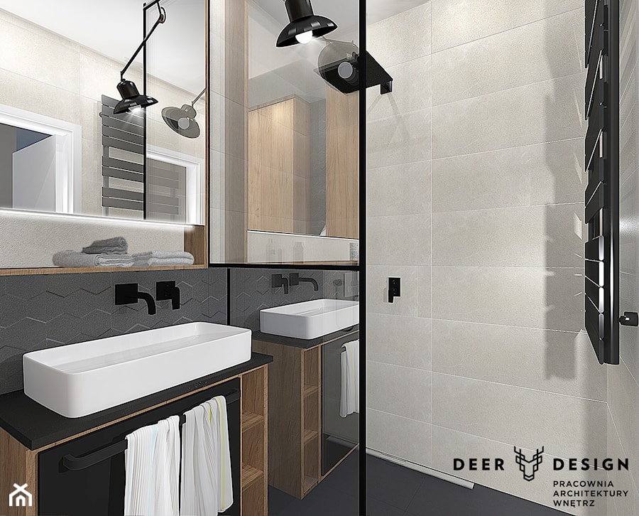 Szarość, drewno, biel i czerń - połączenie idealne - Mała bez okna łazienka, styl industrialny - zdjęcie od Deer Design