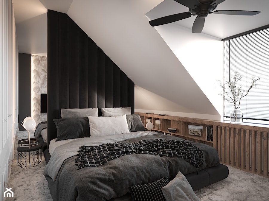 #3 - Mała biała czarna sypialnia na poddaszu, styl nowoczesny - zdjęcie od Katarzyna Piotrowska