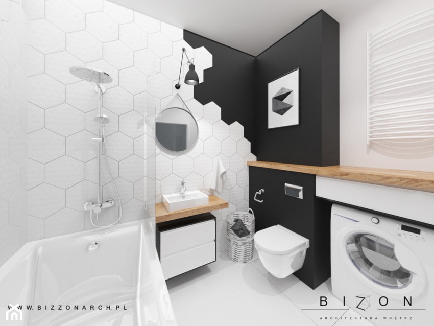 Łazienka - Mała na poddaszu bez okna z pralką / suszarką z lustrem łazienka, styl skandynawski - zdjęcie od BIZZONARCH