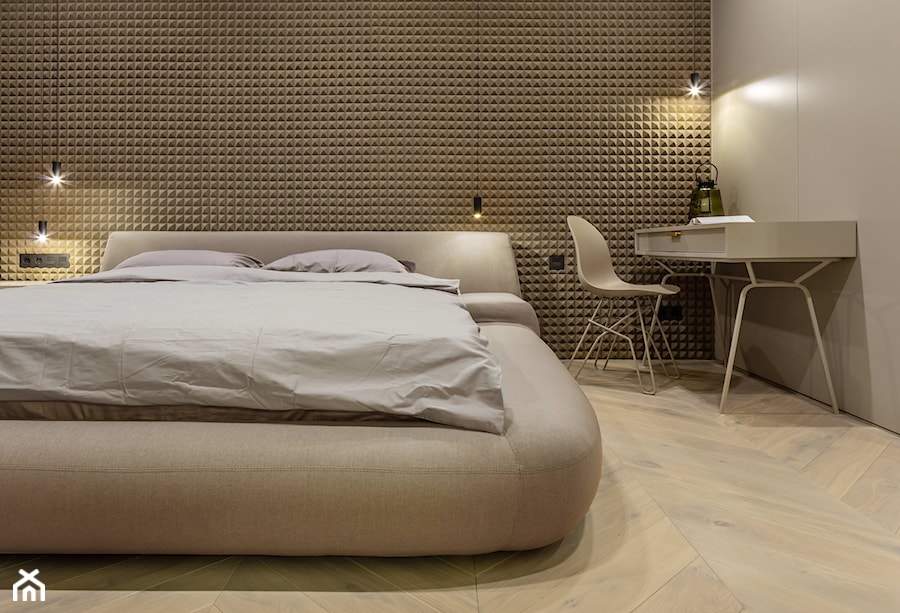 Contemporary art style - Średnia beżowa biała z biurkiem sypialnia, styl minimalistyczny - zdjęcie od Home design HD-m2