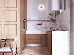 HD-1001 - Mała otwarta biała z zabudowaną lodówką kuchnia w kształcie litery u z marmurem nad blatem kuchennym, styl minimalistyczny - zdjęcie od Home design HD-m2