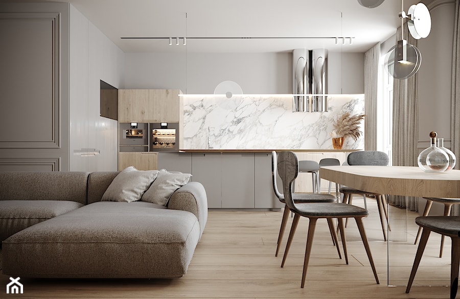 Modern Classic - Średnia otwarta biała szara z zabudowaną lodówką kuchnia w kształcie litery l z oknem z marmurem nad blatem kuchennym, styl nowoczesny - zdjęcie od Home design HD-m2