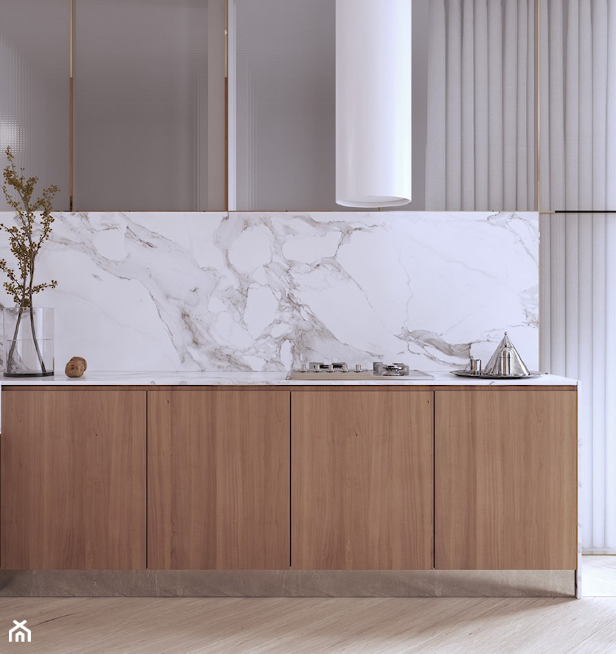 HD-1001 - Mała zamknięta biała z zabudowaną lodówką kuchnia jednorzędowa z marmurem nad blatem kuchennym, styl minimalistyczny - zdjęcie od Home design HD-m2