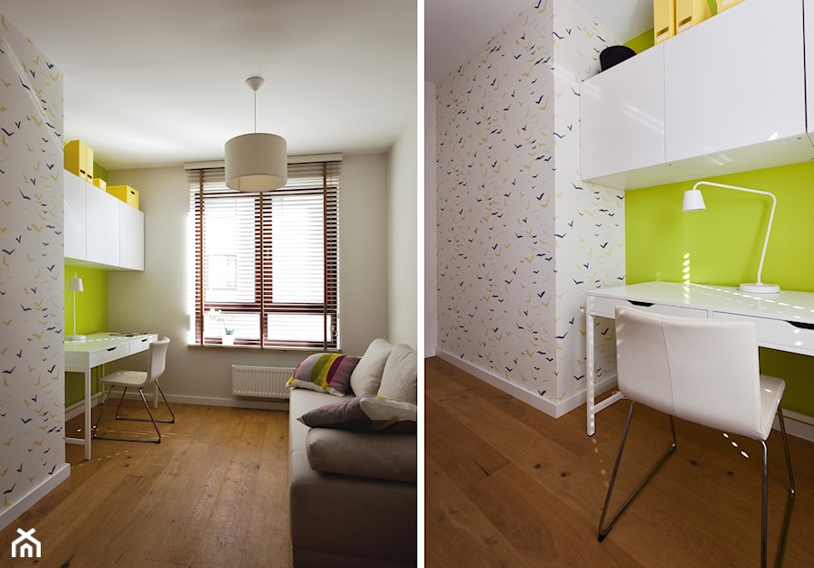 Apartament letni w Kątach Rybackich - Mała szara zielona z biurkiem sypialnia, styl nowoczesny - zdjęcie od InteriorIdea