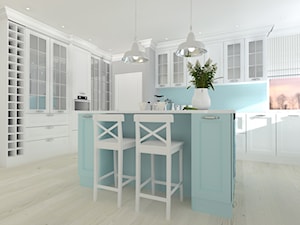 DOM W GOLENIOWIE - Duża otwarta z salonem biała niebieska z zabudowaną lodówką kuchnia w kształcie litery l z oknem, styl glamour - zdjęcie od Anna Górska 5