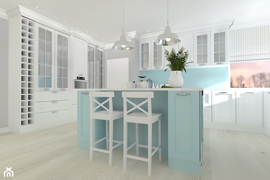 DOM W GOLENIOWIE - Duża otwarta z salonem biała niebieska z zabudowaną lodówką kuchnia w kształcie litery l z oknem, styl glamour - zdjęcie od Anna Górska 5