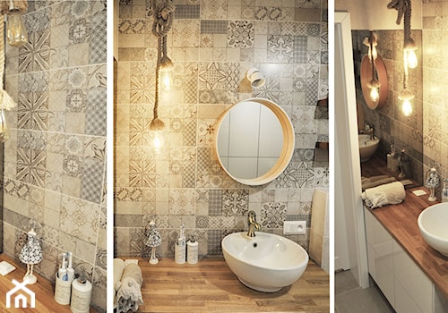Łazienka patchworkowa - Mała na poddaszu bez okna z lustrem łazienka, styl rustykalny - zdjęcie od rebelle.concept