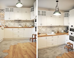 Kuchnia rustykalna - Średnia otwarta z salonem biała z zabudowaną lodówką kuchnia w kształcie litery ... - zdjęcie od rebelle.concept - Homebook