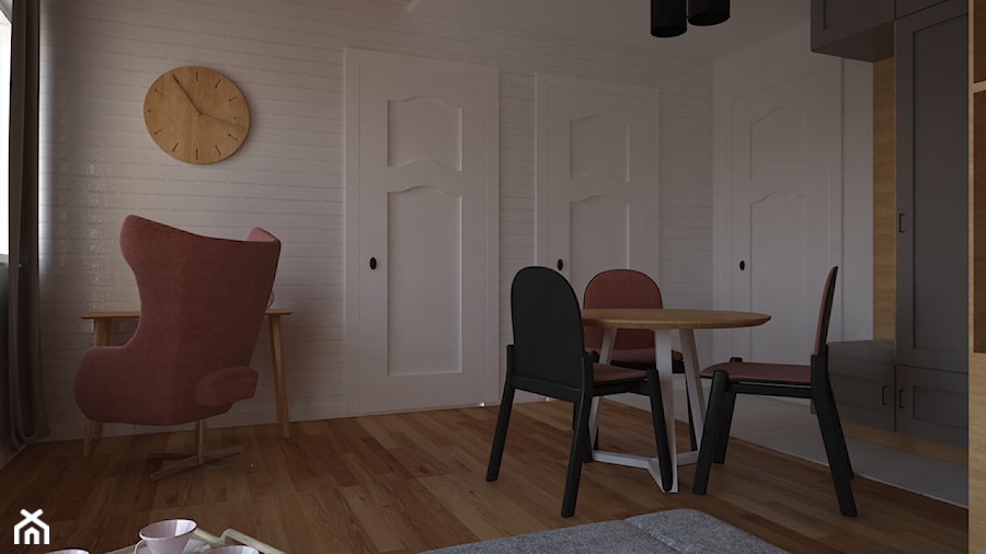 Małe mieszkanie w kobiecym stylu - Mały szary salon z jadalnią - zdjęcie od kfprojekty