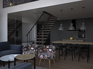 Loft - Mały czarny szary salon z kuchnią z jadalnią - zdjęcie od kfprojekty