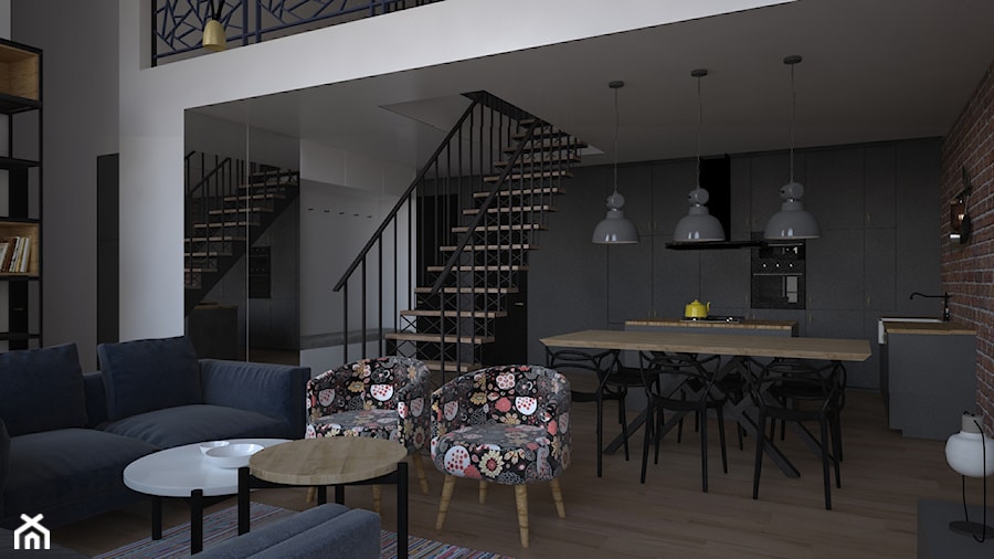 Loft - Mały czarny szary salon z kuchnią z jadalnią - zdjęcie od kfprojekty