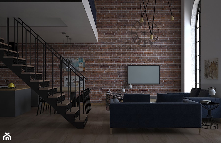 Loft - Średni szary salon z kuchnią z jadalnią - zdjęcie od kfprojekty
