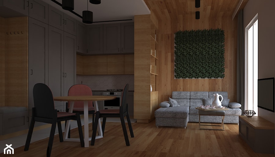 Małe mieszkanie w kobiecym stylu - Średni szary salon z kuchnią z jadalnią - zdjęcie od kfprojekty