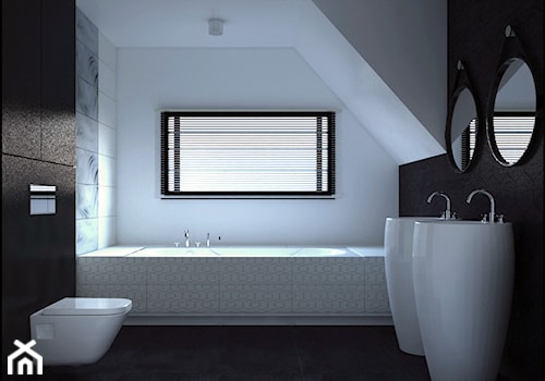 Dom w stylu nowoczesnym - Średnia na poddaszu z lustrem z dwoma umywalkami z punktowym oświetleniem łazienka z oknem, styl nowoczesny - zdjęcie od kfprojekty