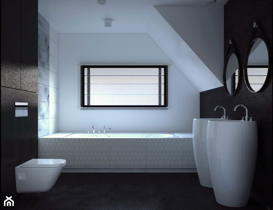 Dom w stylu nowoczesnym - Średnia na poddaszu z lustrem z dwoma umywalkami z punktowym oświetleniem łazienka z oknem, styl nowoczesny - zdjęcie od kfprojekty