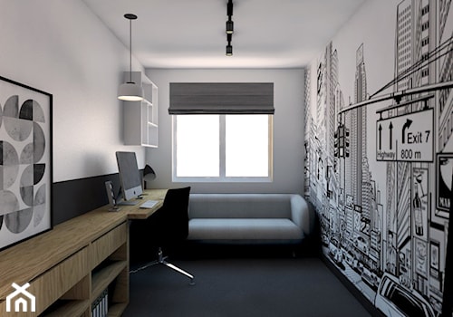 Projekt Mieszkania w stylu industrialnym Kraków - Małe w osobnym pomieszczeniu z sofą z zabudowanym biurkiem białe czarne biuro, styl industrialny - zdjęcie od pim concept